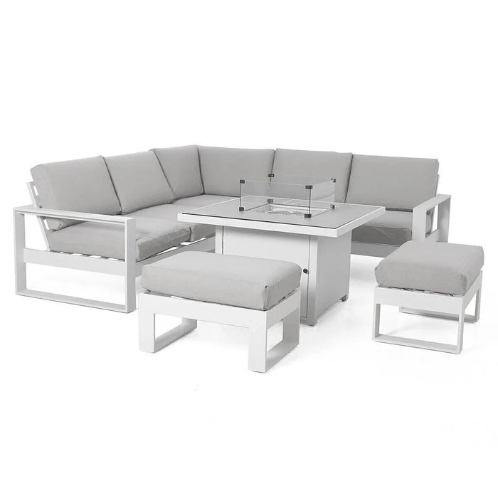 Maze - Amalfi Square Aluminium Corner Dining Set with Fire Pit Table & Footstools - White