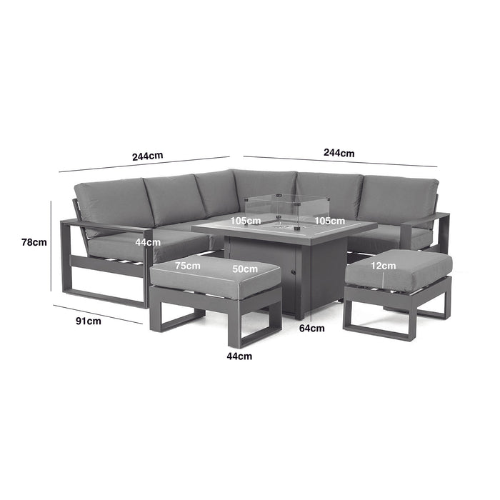 Maze - Amalfi Square Aluminium Corner Dining Set with Fire Pit Table & Footstools - White