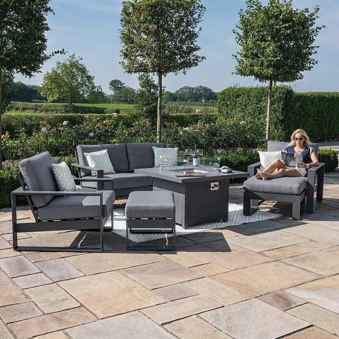 Maze - Amalfi 2 Seat Aluminium Sofa Set with Square Fire Pit Table plus Armchairs & Footstools - Grey