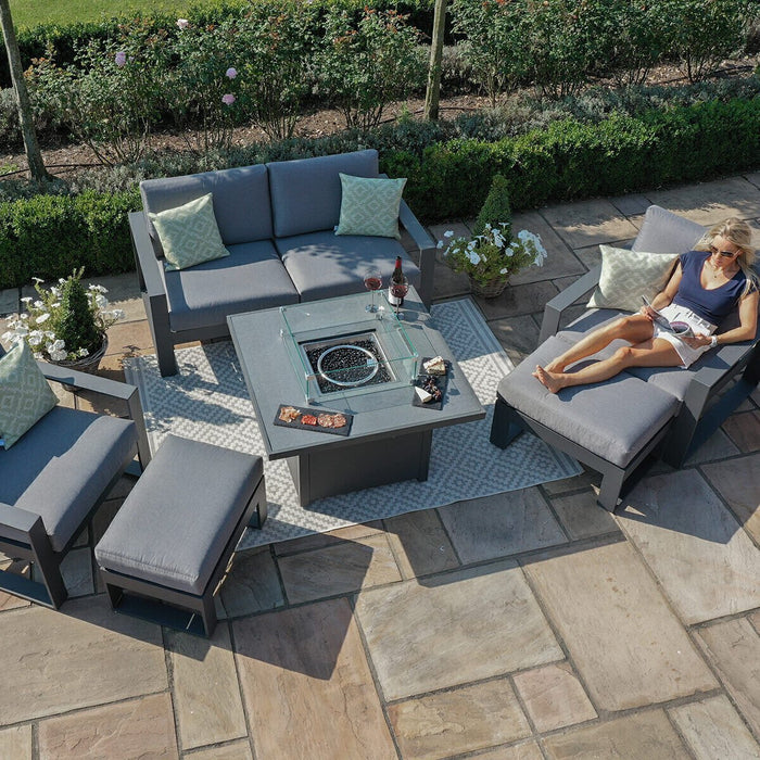 Maze - Amalfi 2 Seat Aluminium Sofa Set with Square Fire Pit Table plus Armchairs & Footstools - Grey