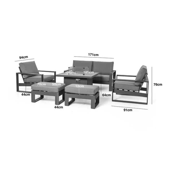Maze - Amalfi 2 Seat Aluminium Sofa Set with Square Fire Pit Table plus Armchairs & Footstools - Grey