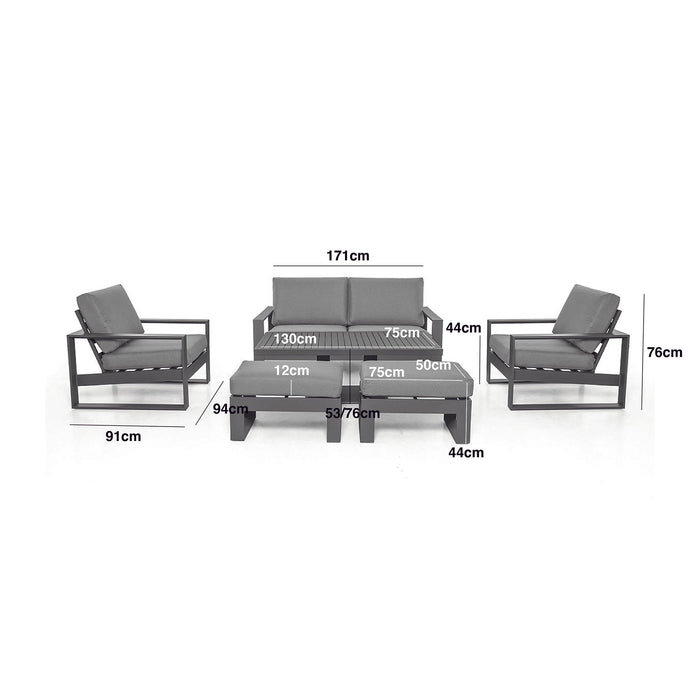 Maze - Amalfi 2 Seat Aluminium Sofa Set with Rising Table plus Armchairs & Footstools - Grey
