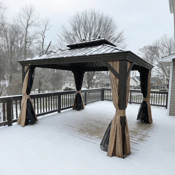 Outdoor Hardtop Gazebo for Garden Bronze Double Roof Aluminum Frame Pavilion with String Lights - Clear