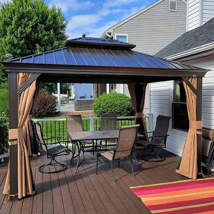 Outdoor Hardtop Gazebo for Garden Bronze Double Roof Aluminum Frame Pavilion with String Lights - Clear