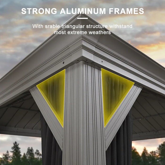 Patio Gazebo for Pool Light Grey Hardtop Galvanized Steel Roof with String Lights - Clear