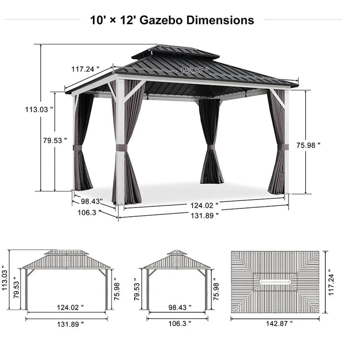 Modern Gazebo Grey Hardtop Galvanized Steel Double Roof White Aluminum Poles with Curtains and Netting