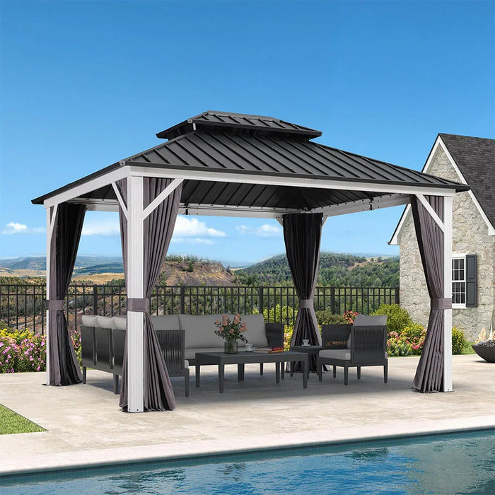 Modern Gazebo Grey Hardtop Galvanized Steel Double Roof White Aluminum Poles with Curtains and Netting