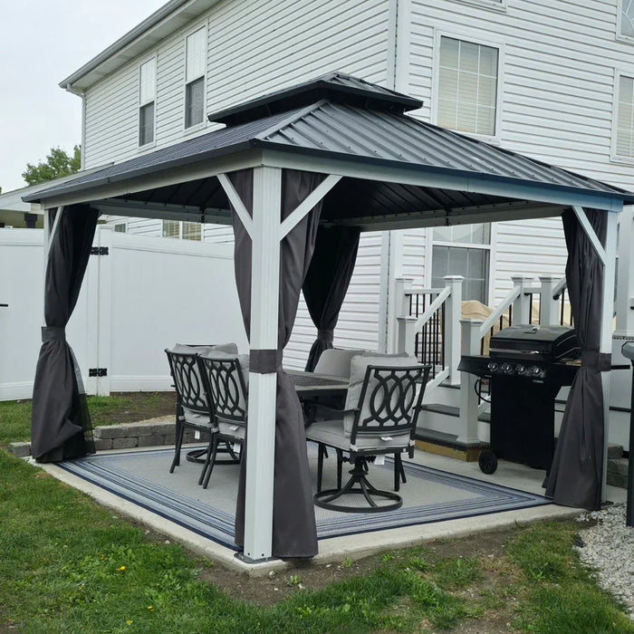Modern Gazebo Grey Hardtop Galvanized Steel Double Roof White Aluminum Poles with Curtains and Netting