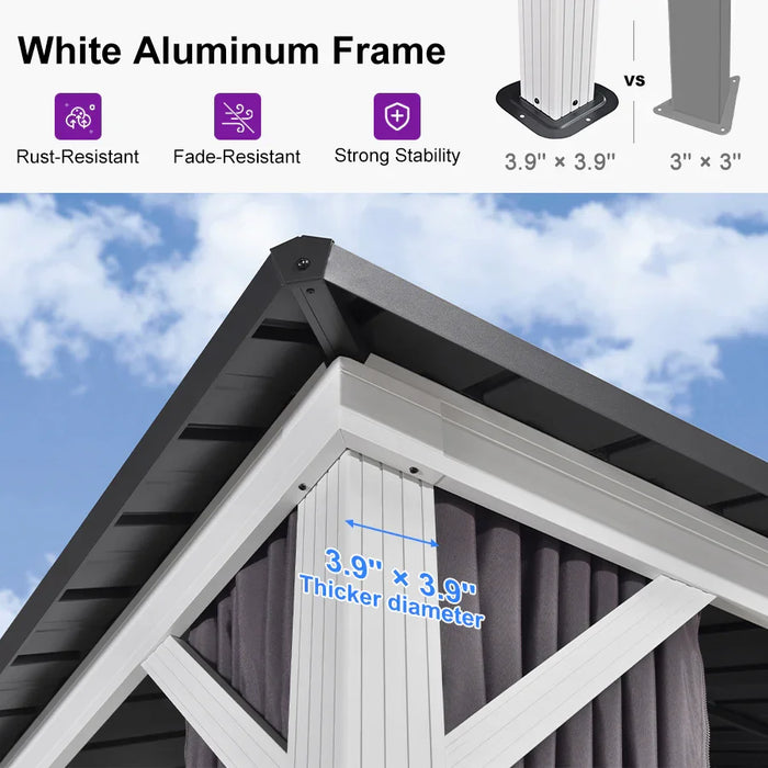 Modern Gazebo Grey Hardtop Galvanized Steel Double Roof White Aluminum Poles with Curtains and Netting
