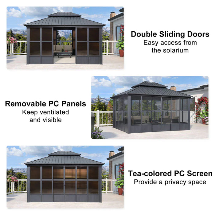 Sunroom Hardtop Gazebo Solarium Grey Galvanized Steel Double Roof All-Weather Aluminum Outdoor Screen House with String Lights