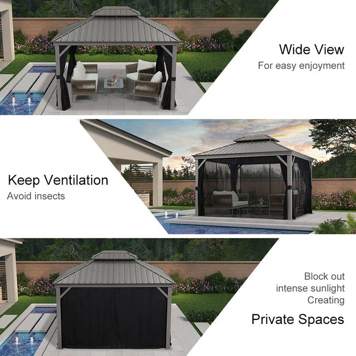 Patio Gazebo for Pool Light Grey Hardtop Galvanized Steel Roof with String Lights - Clear