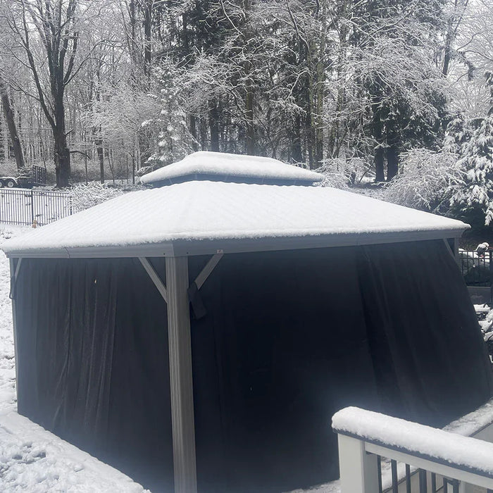 Patio Gazebo for Pool Light Grey Hardtop Galvanized Steel Roof with String Lights - Clear