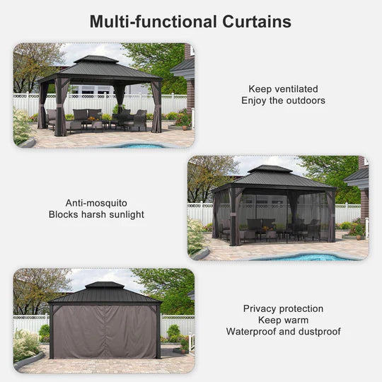 Patio Gazebo for Backyard Grey Hardtop Galvanized Steel Roof Awning with String Lights - Clear