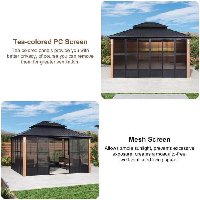 Sunroom Hardtop Gazebo with Wood Grain Columns Black Frame Double Roof Galvanized Steel Solarium All-Weather Screen House with String Lights