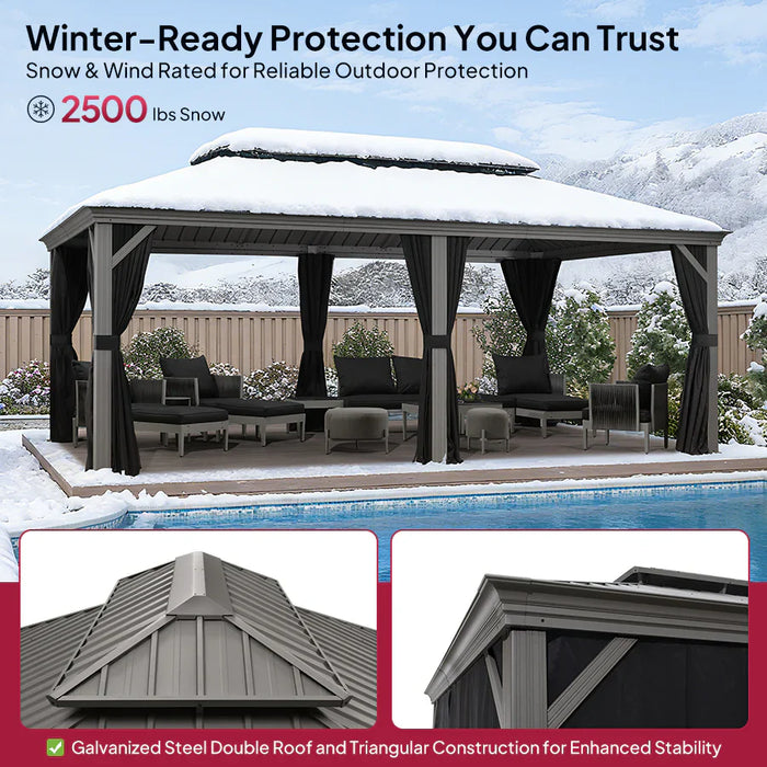 Patio Gazebo for Pool Light Grey Hardtop Galvanized Steel Roof with String Lights - Clear