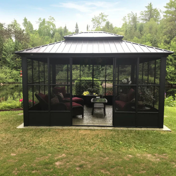 Sunroom Hardtop Gazebo Solarium Grey Galvanized Steel Double Roof All-Weather Aluminum Outdoor Screen House with String Lights