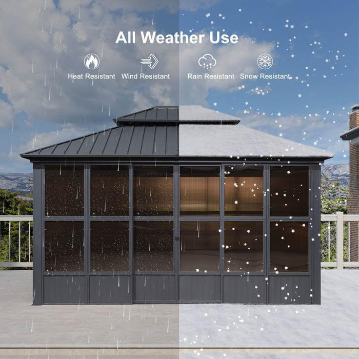 Sunroom Hardtop Gazebo Solarium Grey Galvanized Steel Double Roof All-Weather Aluminum Outdoor Screen House with String Lights