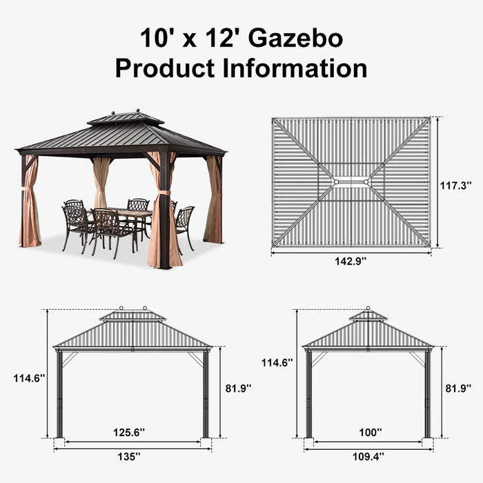 Outdoor Hardtop Gazebo for Garden Bronze Double Roof Aluminum Frame Pavilion with String Lights - Clear