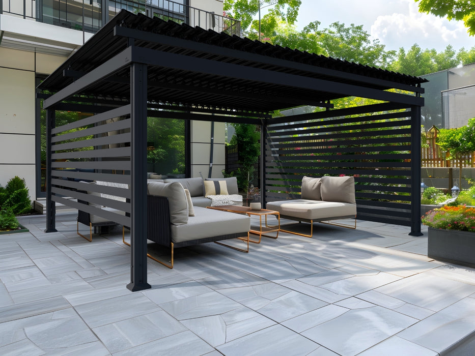 Black Motorized Louvered Pergola for Poolside Outdoor Living