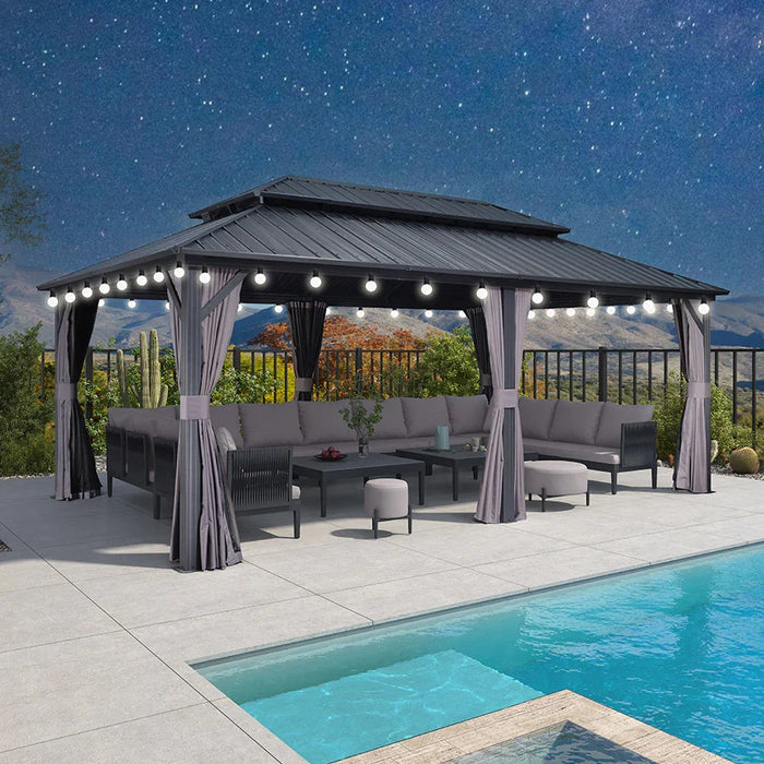 Grey Hardtop Gazebo with Heavy Duty Galvanized Steel Double Roof with String Lights - Milky
