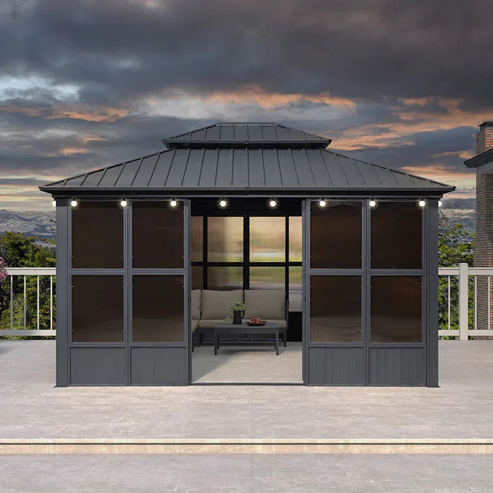 Sunroom Hardtop Gazebo Solarium Grey Galvanized Steel Double Roof All-Weather Aluminum Outdoor Screen House with String Lights