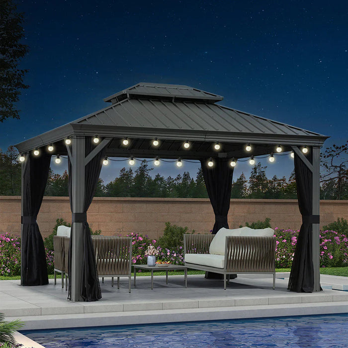Patio Gazebo for Pool Light Grey Hardtop Galvanized Steel Roof with String Lights - Clear