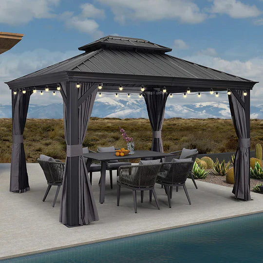 Patio Gazebo for Backyard Grey Hardtop Galvanized Steel Roof Awning String Lights - Milky