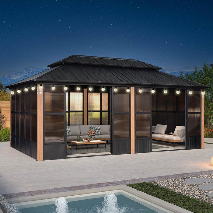Sunroom Hardtop Gazebo with Wood Grain Columns Black Frame Double Roof Galvanized Steel Solarium All-Weather Screen House with String Lights