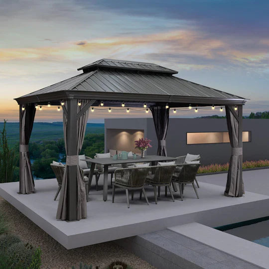 Patio Gazebo for Backyard Grey Hardtop Galvanized Steel Roof Awning with String Lights - Clear