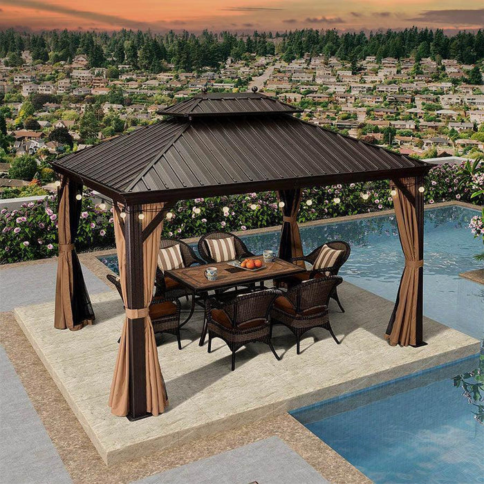 Outdoor Hardtop Gazebo for Garden Bronze Double Roof Aluminum Frame Pavilion with String Lights - Clear