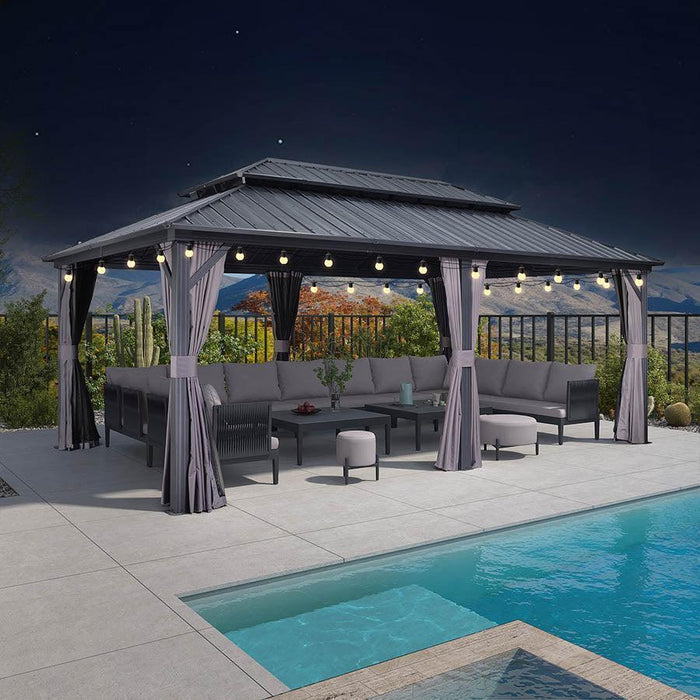 Grey Hardtop Gazebo with Heavy Duty Galvanized Steel Double Roof with String Lights - Clear