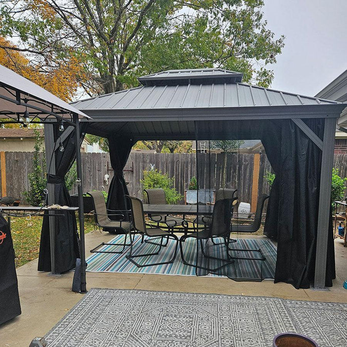 Patio Gazebo for Pool Light Grey Hardtop Galvanized Steel Roof with String Lights - Clear