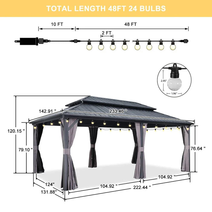 Grey Hardtop Gazebo with Heavy Duty Galvanized Steel Double Roof with String Lights - Milky
