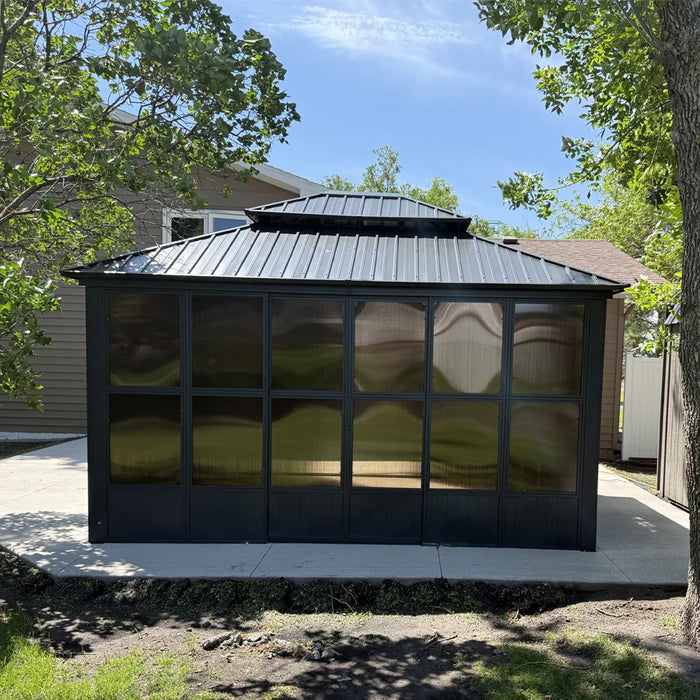 Sunroom Hardtop Gazebo Solarium Grey Galvanized Steel Double Roof All-Weather Aluminum Outdoor Screen House with String Lights