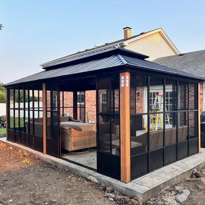 Sunroom Hardtop Gazebo with Wood Grain Columns Black Frame Double Roof Galvanized Steel Solarium All-Weather Screen House with String Lights