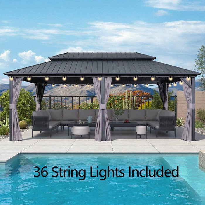 Grey Hardtop Gazebo with Heavy Duty Galvanized Steel Double Roof with String Lights - Clear