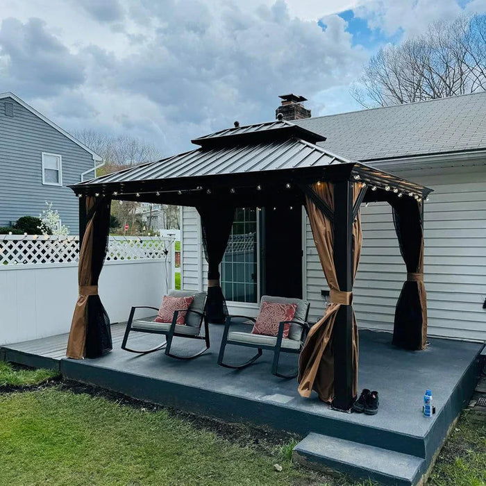 Outdoor Hardtop Gazebo for Garden Bronze Double Roof Aluminum Frame Pavilion with String Lights - Clear