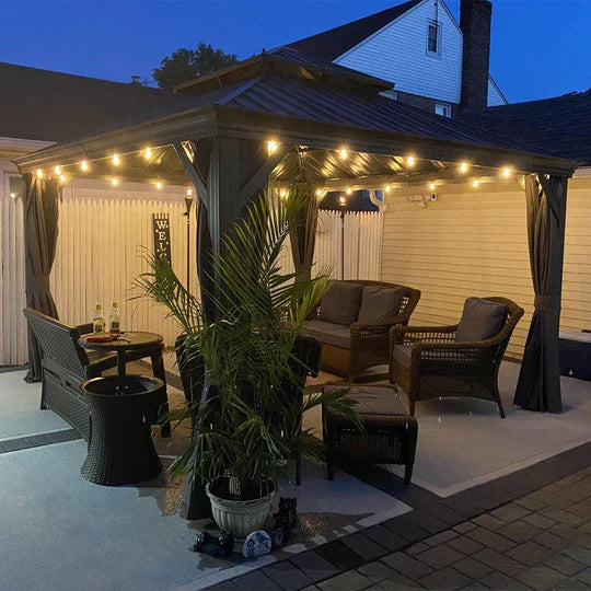 Patio Gazebo for Backyard Grey Hardtop Galvanized Steel Roof Awning with String Lights - Clear