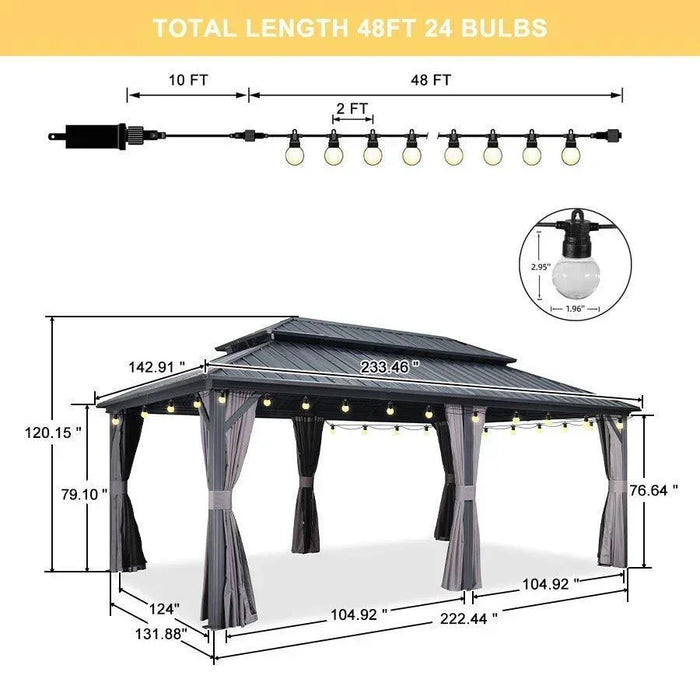 Grey Hardtop Gazebo with Heavy Duty Galvanized Steel Double Roof with String Lights - Clear