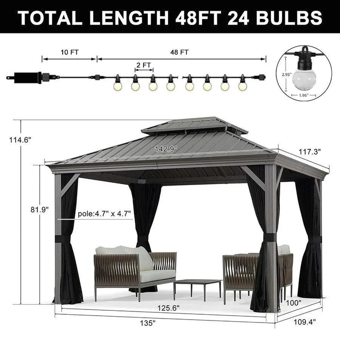 Patio Gazebo for Pool Light Grey Hardtop Galvanized Steel Roof with String Lights - Clear
