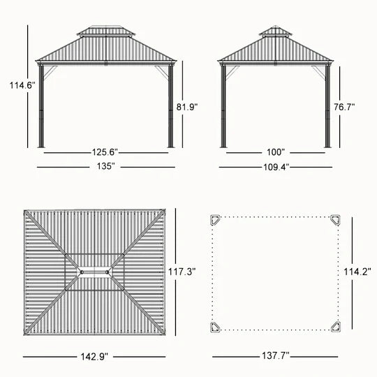Patio Gazebo for Backyard Grey Hardtop Galvanized Steel Roof Awning String Lights - Milky