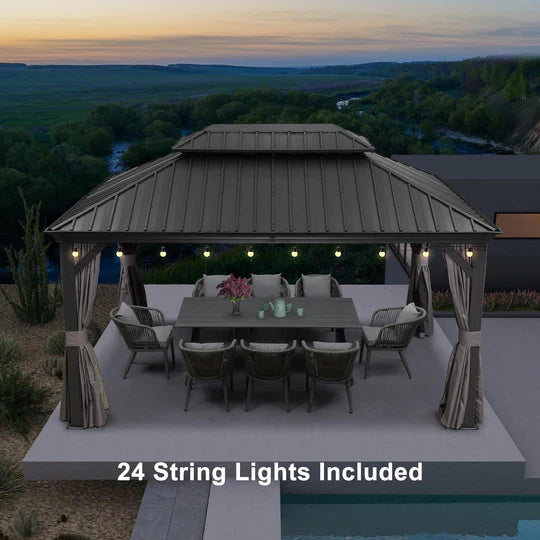 Patio Gazebo for Backyard Grey Hardtop Galvanized Steel Roof Awning with String Lights - Clear