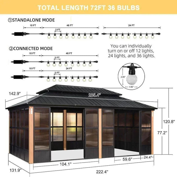 Sunroom Hardtop Gazebo with Wood Grain Columns Black Frame Double Roof Galvanized Steel Solarium All-Weather Screen House with String Lights