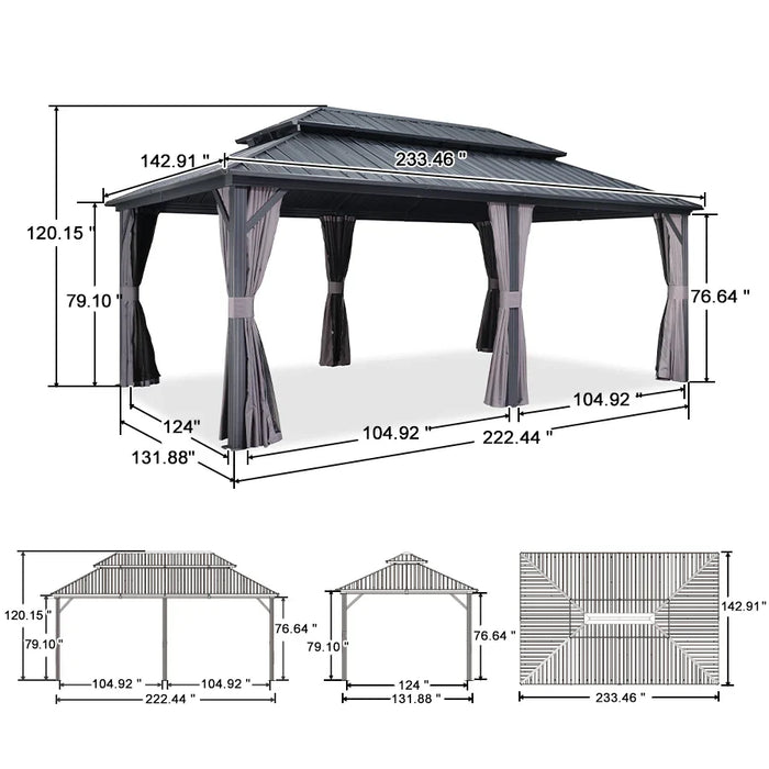 Grey Hardtop Gazebo with Heavy Duty Galvanized Steel Double Roof with String Lights - Clear
