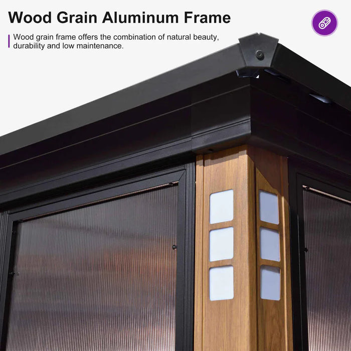 Sunroom Hardtop Gazebo with Wood Grain Columns Black Frame Double Roof Galvanized Steel Solarium All-Weather Screen House with String Lights