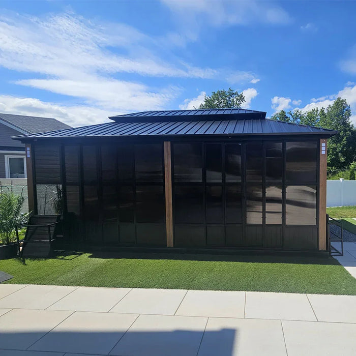 Sunroom Hardtop Gazebo with Wood Grain Columns Black Frame Double Roof Galvanized Steel Solarium All-Weather Screen House with String Lights