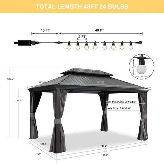 Patio Gazebo for Backyard Grey Hardtop Galvanized Steel Roof Awning with String Lights - Clear