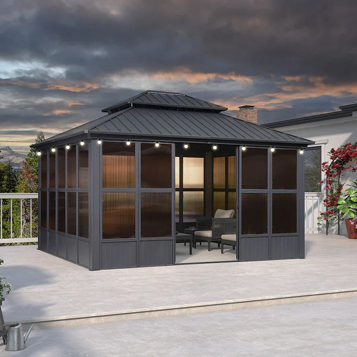 Sunroom Hardtop Gazebo Solarium Grey Galvanized Steel Double Roof All-Weather Aluminum Outdoor Screen House with String Lights
