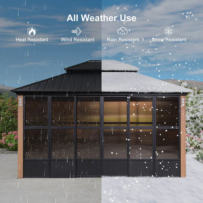 Sunroom Hardtop Gazebo with Wood Grain Columns Black Frame Double Roof Galvanized Steel Solarium All-Weather Screen House with String Lights