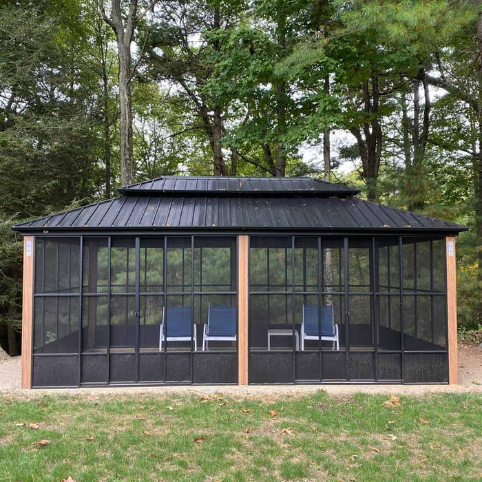 Sunroom Hardtop Gazebo with Wood Grain Columns Black Frame Double Roof Galvanized Steel Solarium All-Weather Screen House with String Lights